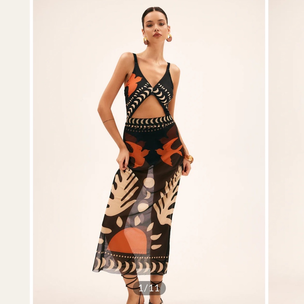Bird Print Cutout One Piece Swimsuit with cover up.